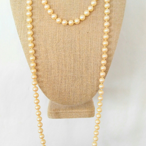 SALE X LONG Vintage Glass Champagne Pearl Necklace - Picture 3 of 7